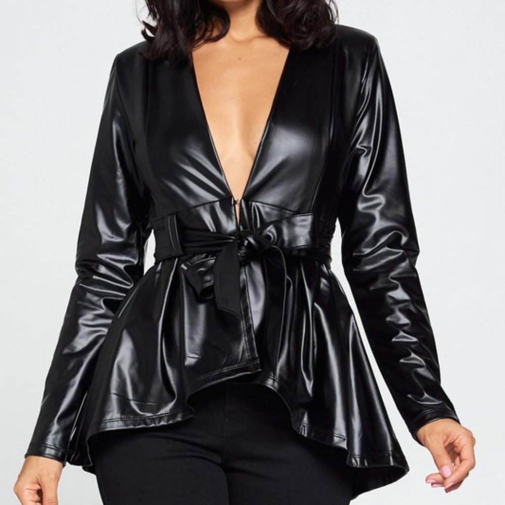 Women's Hi-Low Peplum PU Leather Blazer